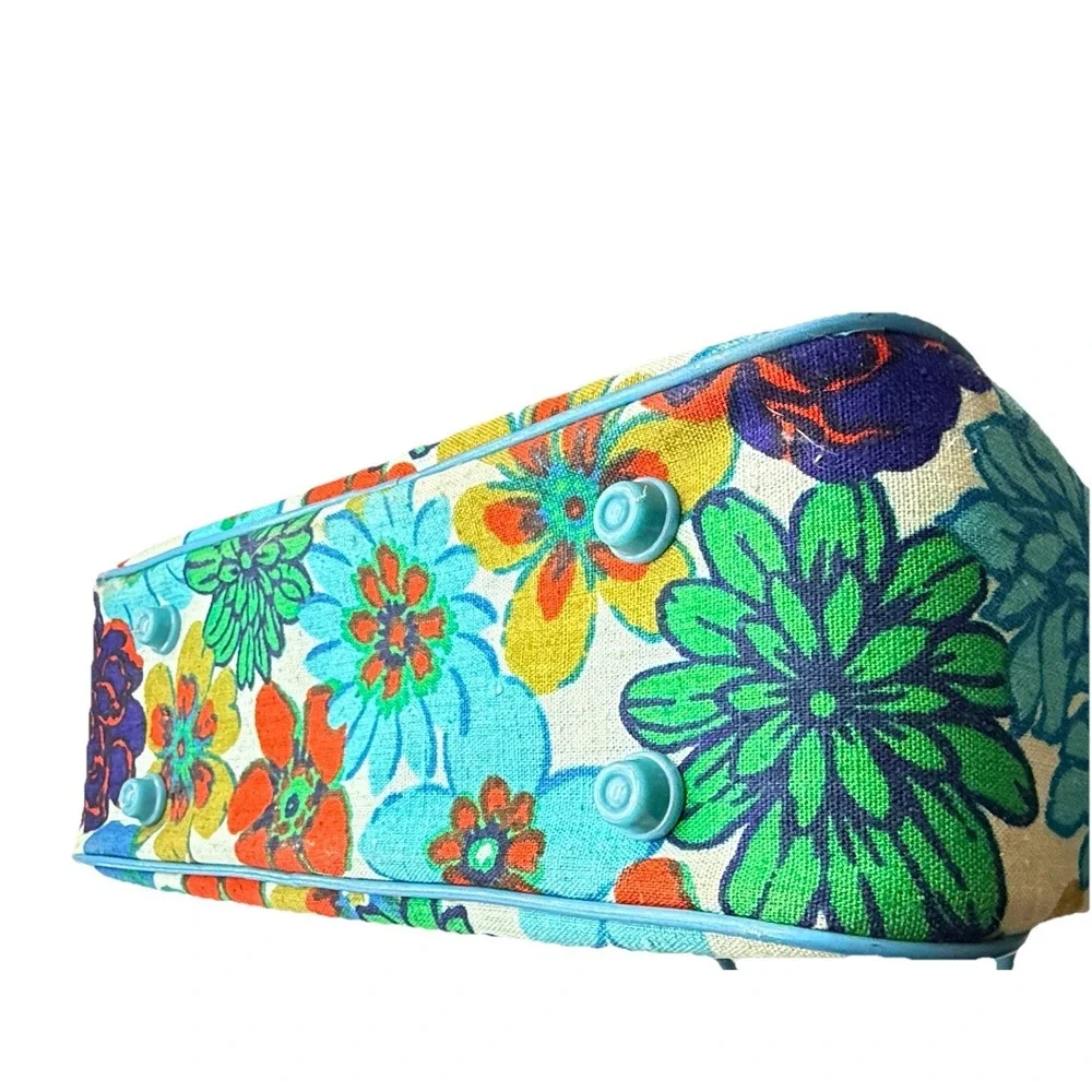 Rare Vintage 1960s Japanese Mod Floral Bowling Bag Embossed Turquoise Canvas